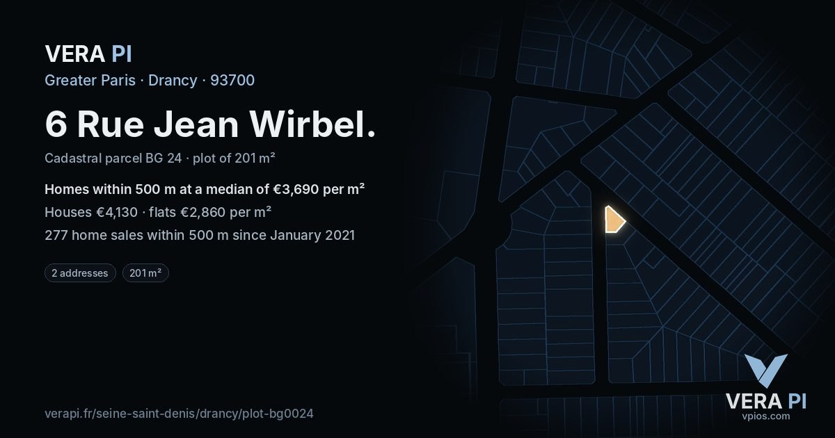 6 Rue Jean Wirbel, Drancy at night – the plot lit, the parcels around coloured by the prices near them