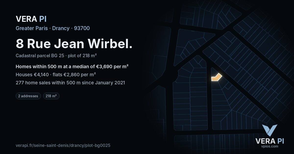 8 Rue Jean Wirbel, Drancy at night – the plot lit, the parcels around coloured by the prices near them