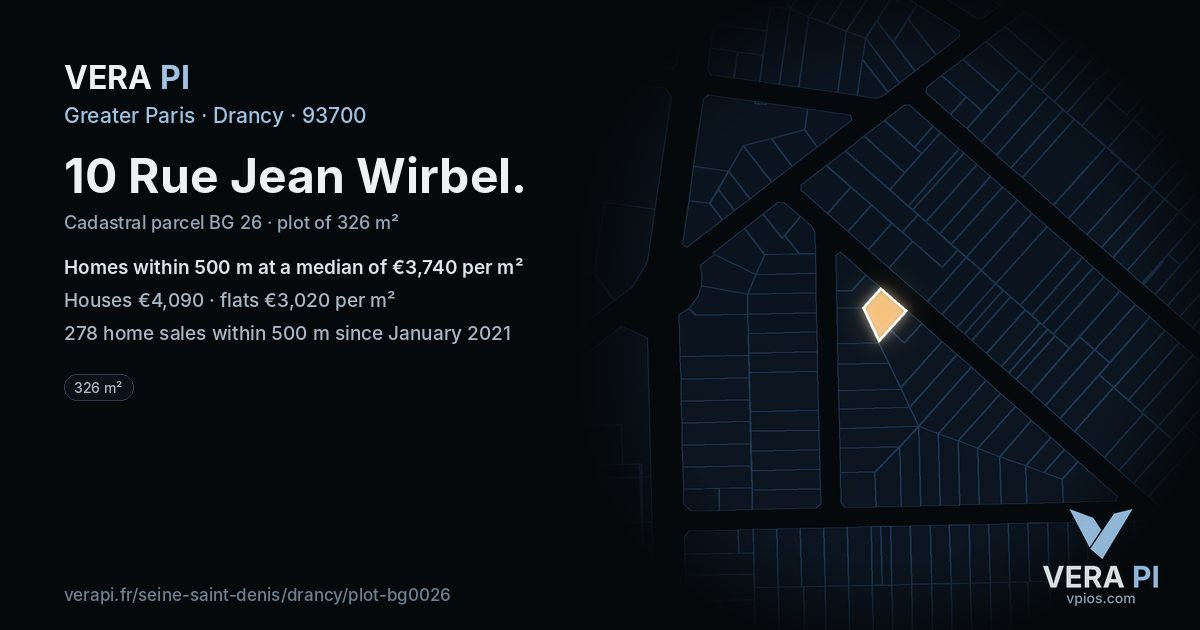10 Rue Jean Wirbel, Drancy at night – the plot lit, the parcels around coloured by the prices near them