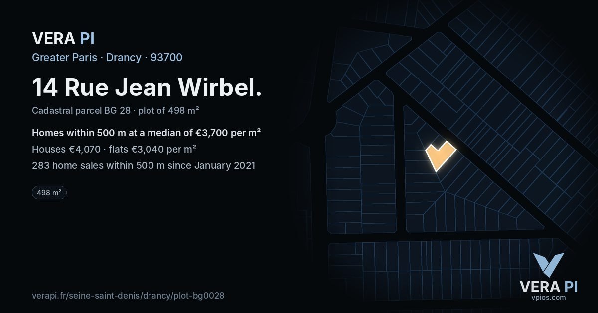 14 Rue Jean Wirbel, Drancy at night – the plot lit, the parcels around coloured by the prices near them