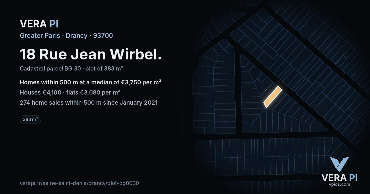 18 Rue Jean Wirbel, Drancy at night – the plot lit, the parcels around coloured by the prices near them