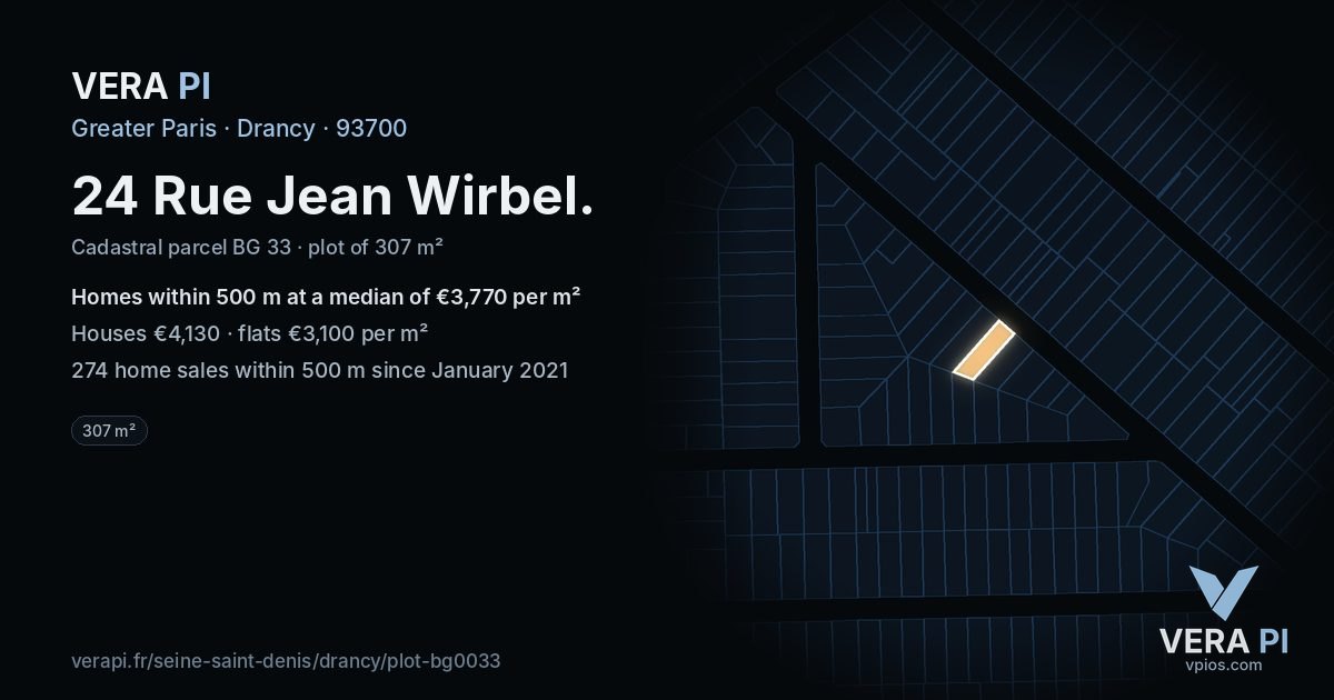 24 Rue Jean Wirbel, Drancy at night – the plot lit, the parcels around coloured by the prices near them