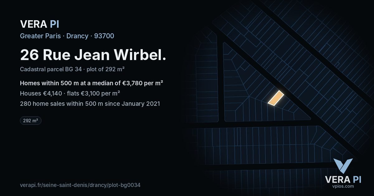 26 Rue Jean Wirbel, Drancy at night – the plot lit, the parcels around coloured by the prices near them