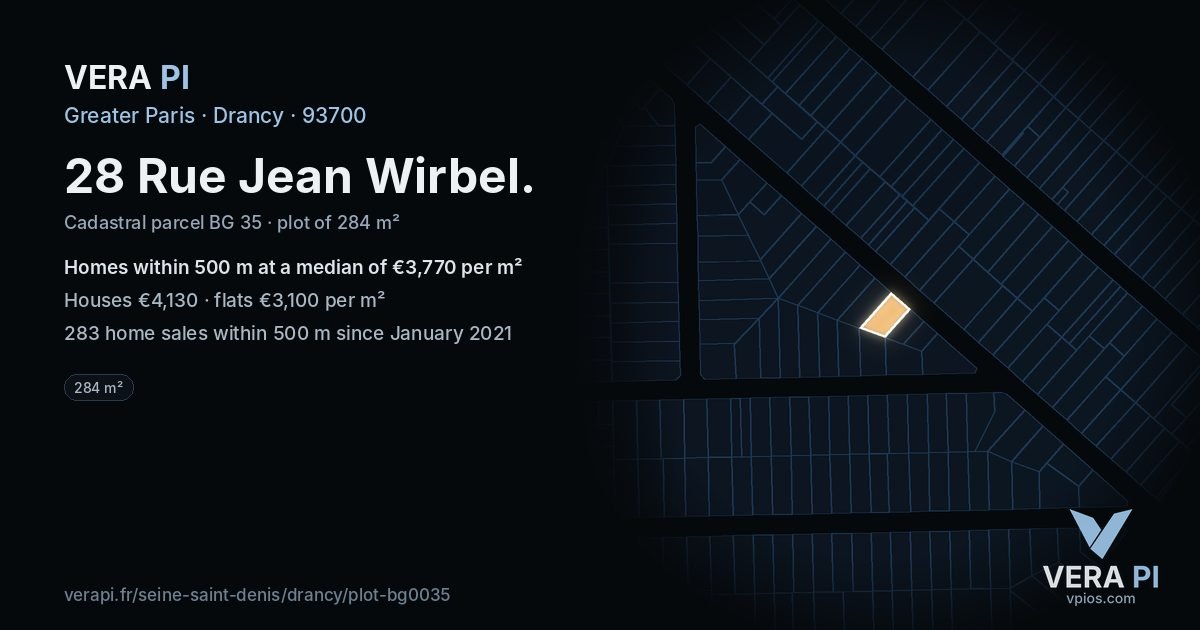 28 Rue Jean Wirbel, Drancy at night – the plot lit, the parcels around coloured by the prices near them