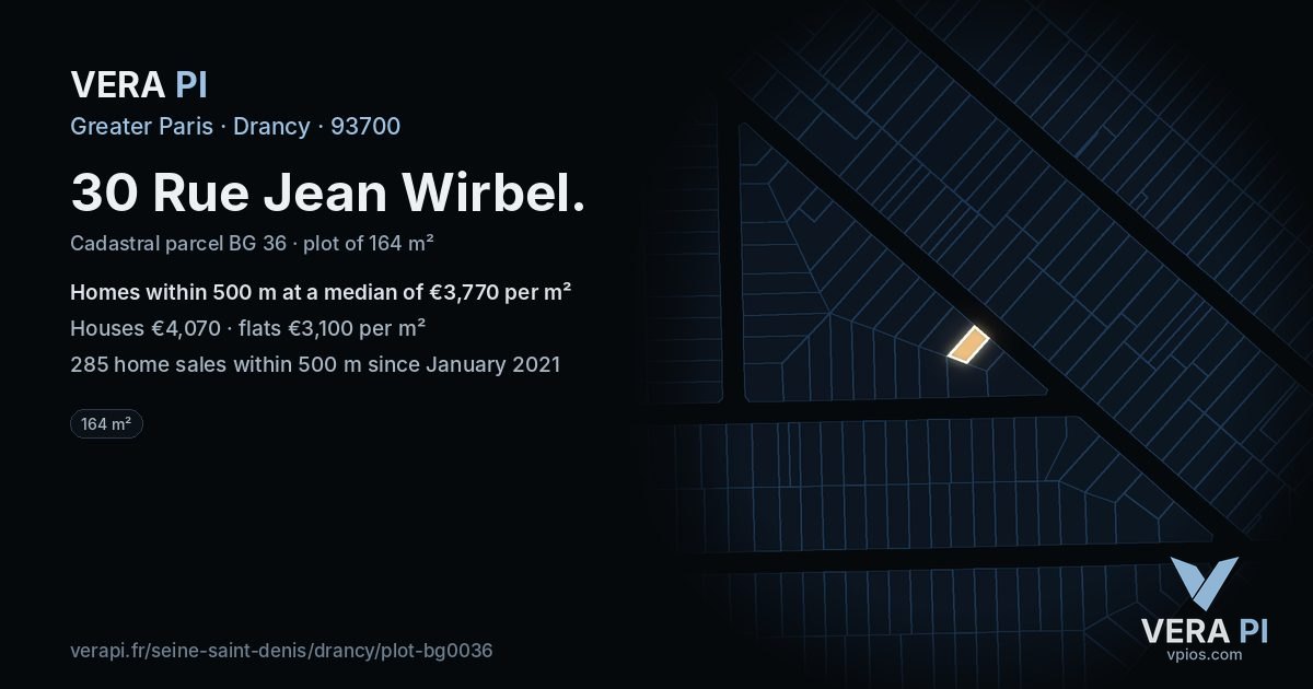 30 Rue Jean Wirbel, Drancy at night – the plot lit, the parcels around coloured by the prices near them