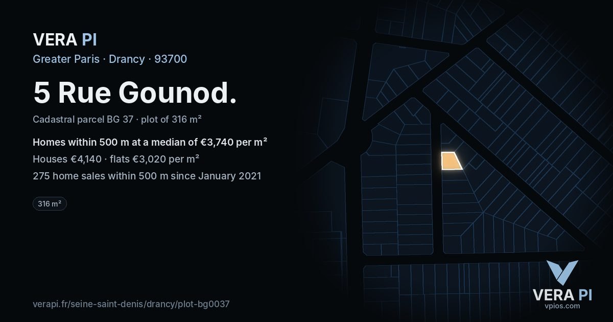 5 Rue Gounod, Drancy at night – the plot lit, the parcels around coloured by the prices near them