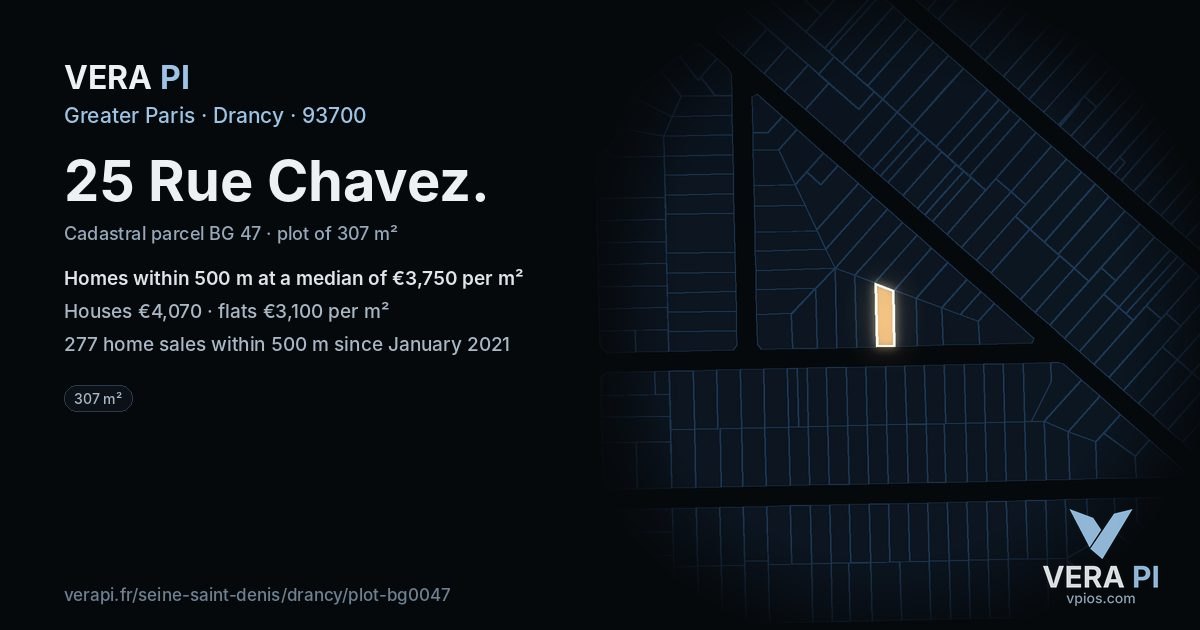 25 Rue Chavez, Drancy at night – the plot lit, the parcels around coloured by the prices near them