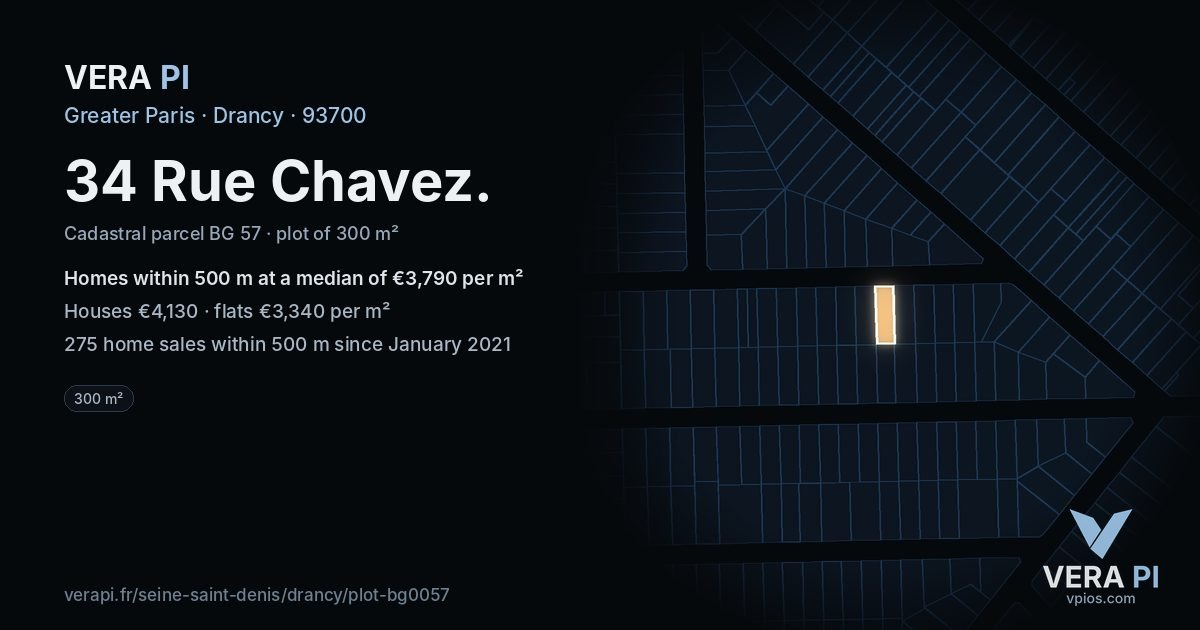 34 Rue Chavez, Drancy at night – the plot lit, the parcels around coloured by the prices near them