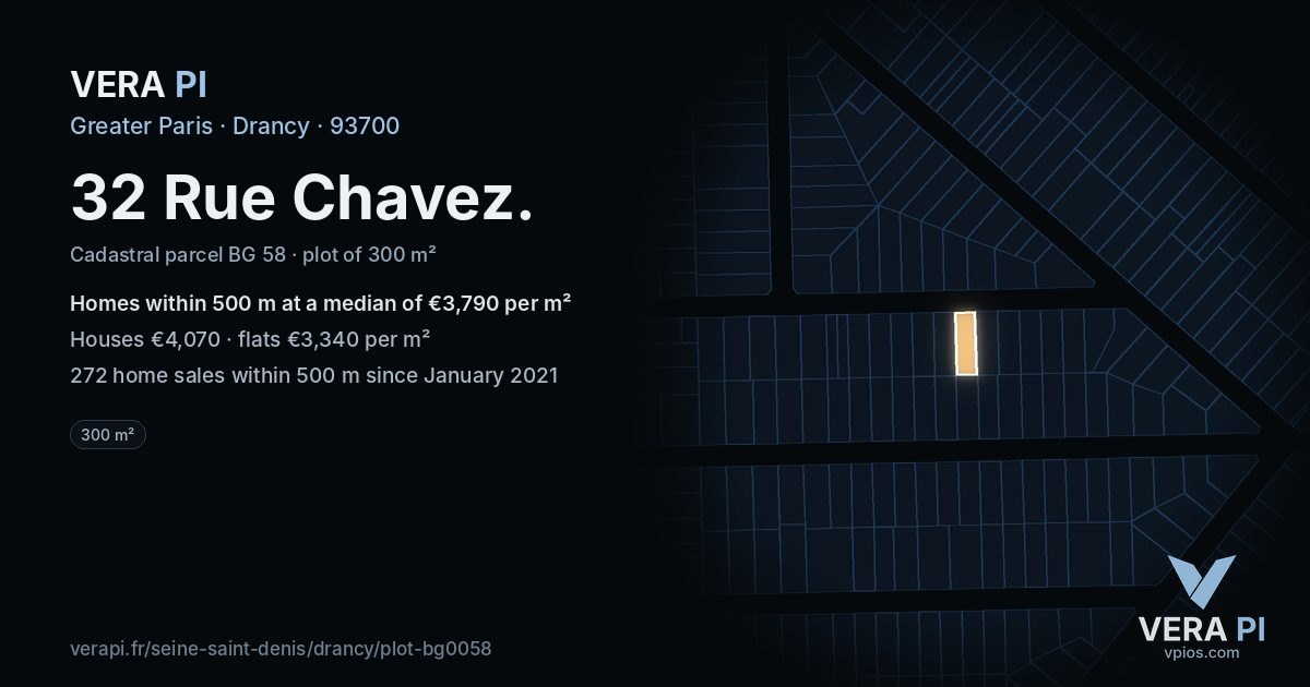 32 Rue Chavez, Drancy at night – the plot lit, the parcels around coloured by the prices near them