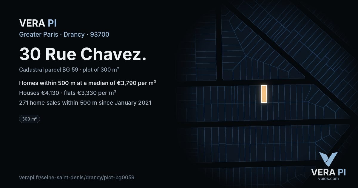 30 Rue Chavez, Drancy at night – the plot lit, the parcels around coloured by the prices near them