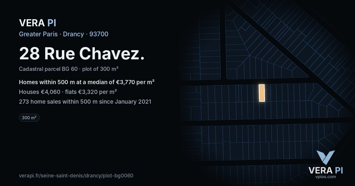 28 Rue Chavez, Drancy at night – the plot lit, the parcels around coloured by the prices near them