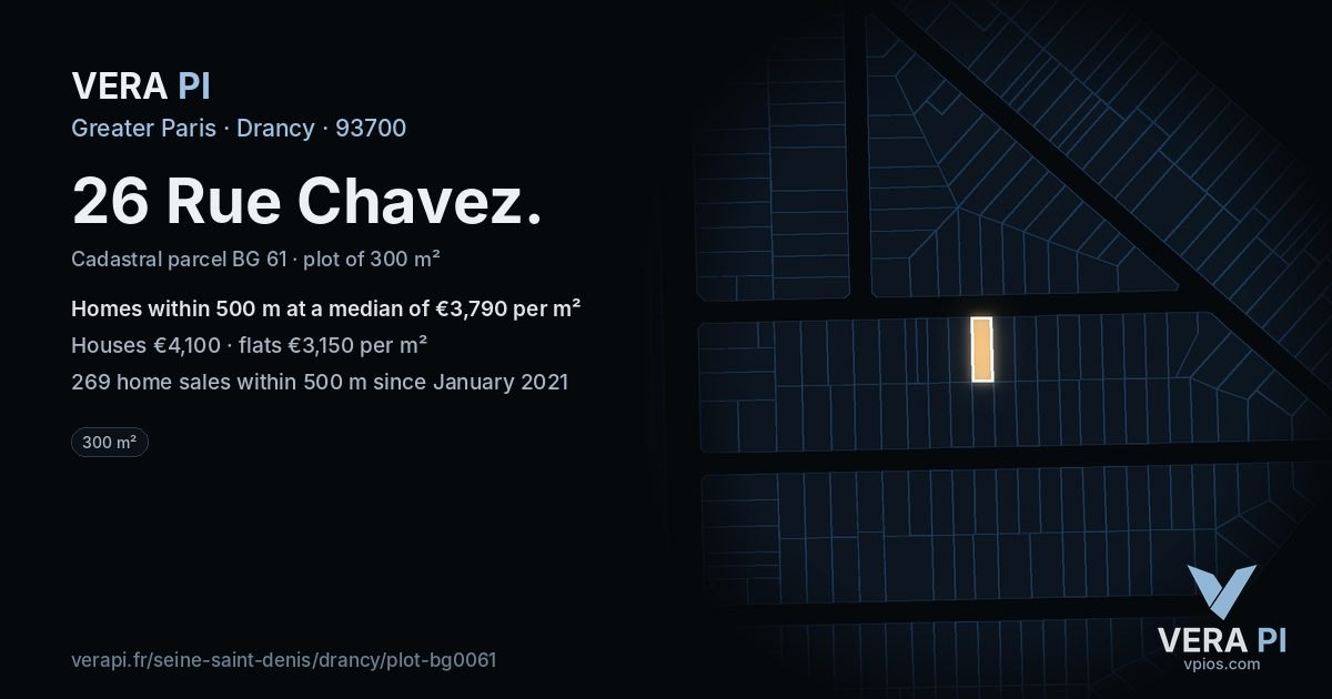 26 Rue Chavez, Drancy at night – the plot lit, the parcels around coloured by the prices near them