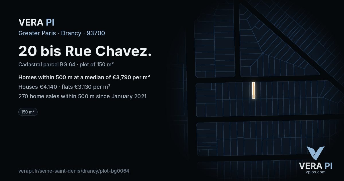 20 bis Rue Chavez, Drancy at night – the plot lit, the parcels around coloured by the prices near them