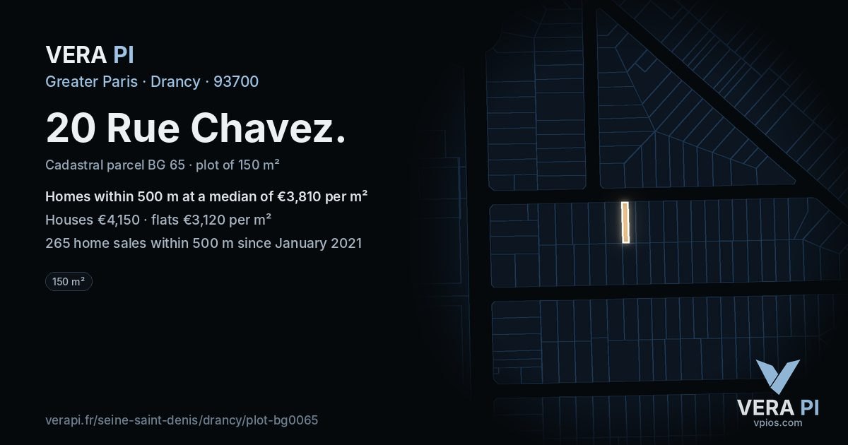 20 Rue Chavez, Drancy at night – the plot lit, the parcels around coloured by the prices near them