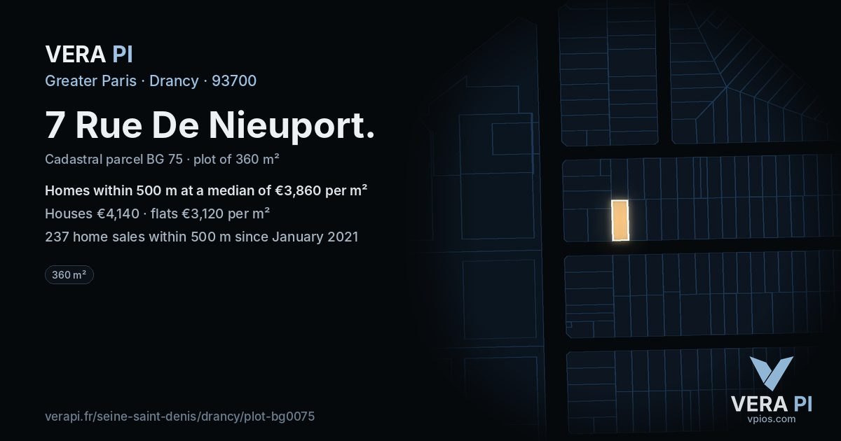 7 Rue De Nieuport, Drancy at night – the plot lit, the parcels around coloured by the prices near them