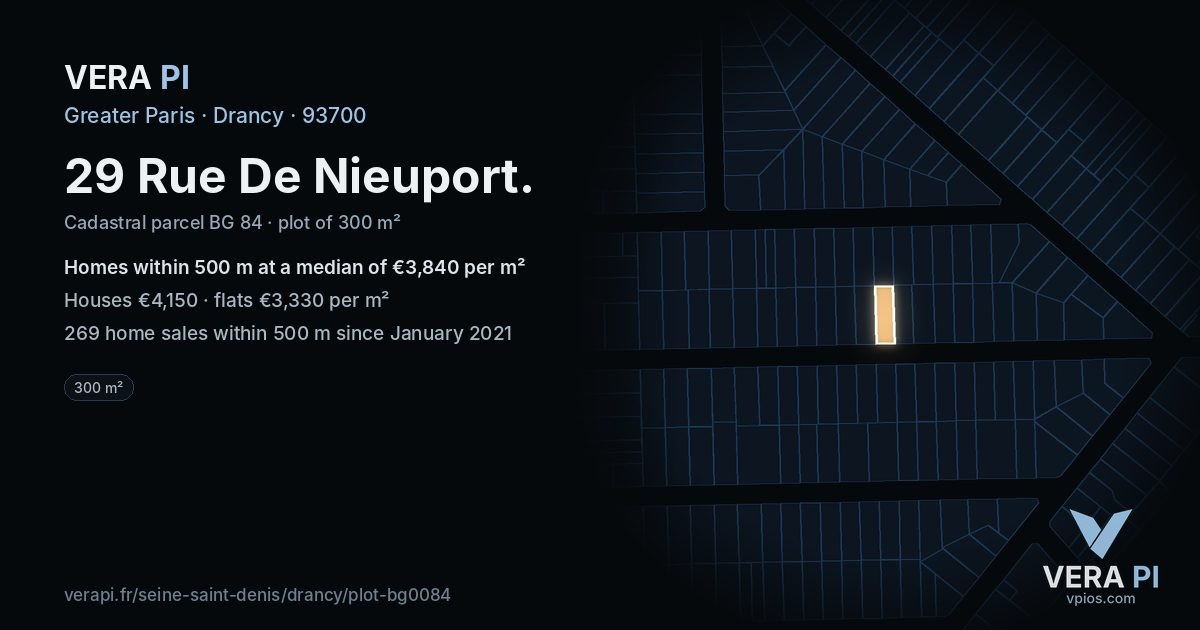 29 Rue De Nieuport, Drancy at night – the plot lit, the parcels around coloured by the prices near them