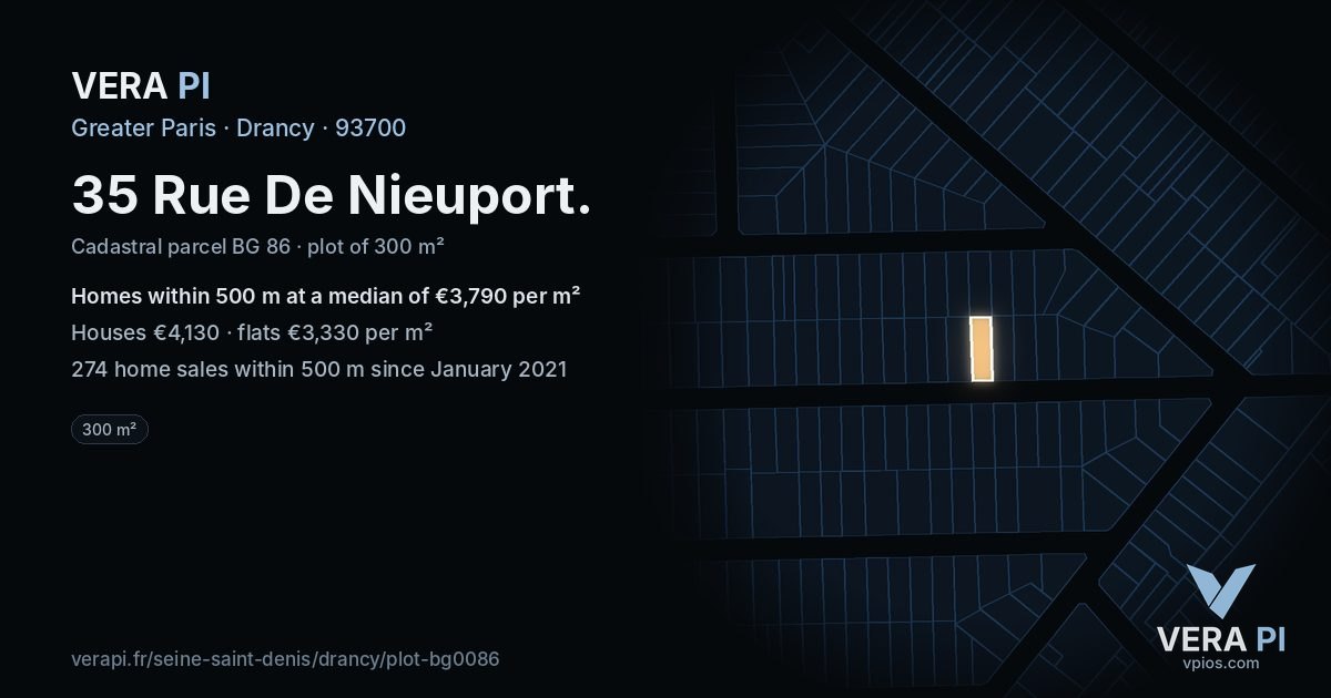 35 Rue De Nieuport, Drancy at night – the plot lit, the parcels around coloured by the prices near them