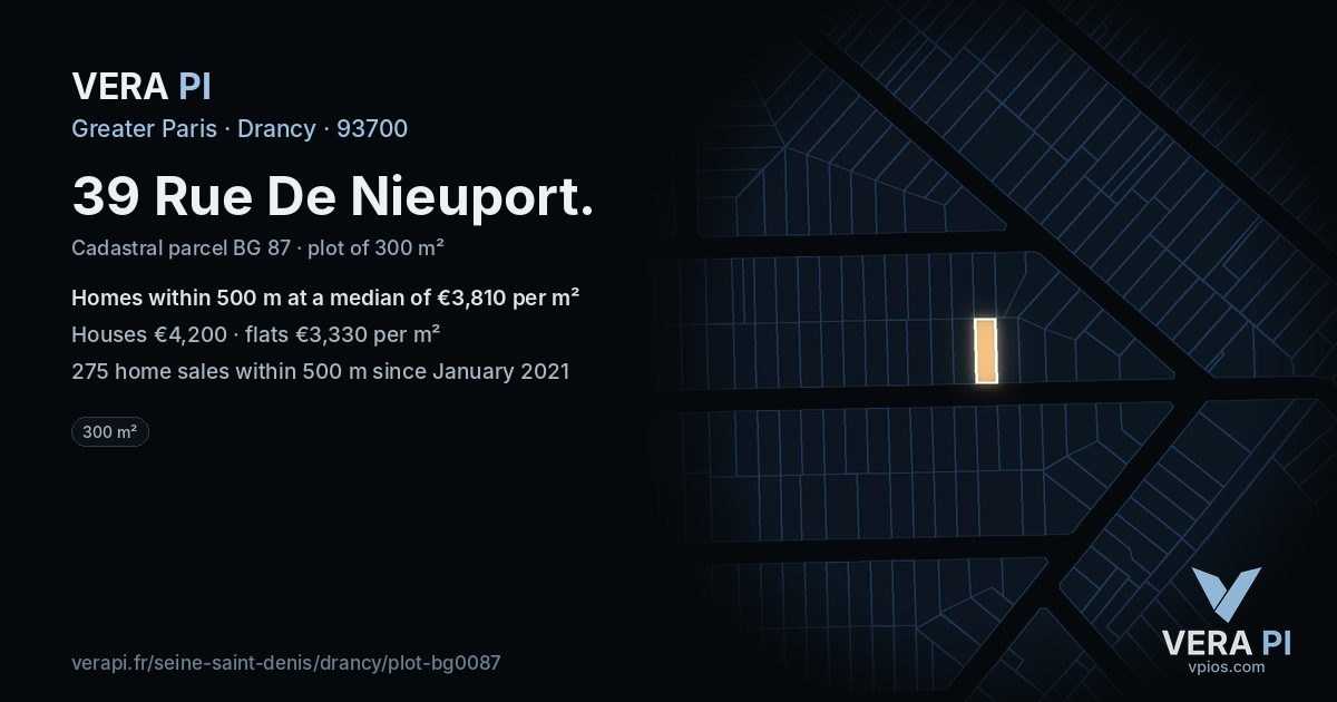 39 Rue De Nieuport, Drancy at night – the plot lit, the parcels around coloured by the prices near them