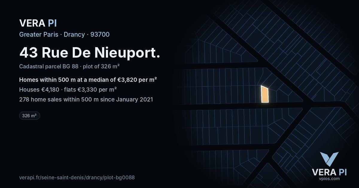 43 Rue De Nieuport, Drancy at night – the plot lit, the parcels around coloured by the prices near them