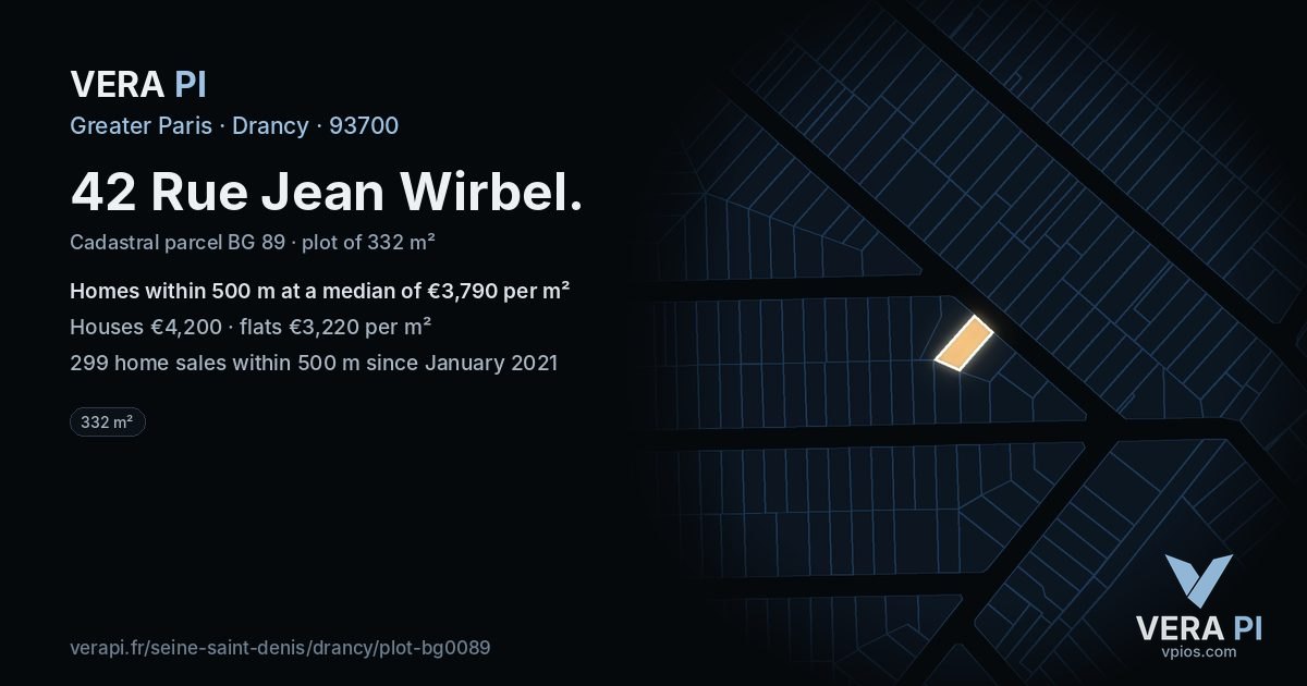 42 Rue Jean Wirbel, Drancy at night – the plot lit, the parcels around coloured by the prices near them