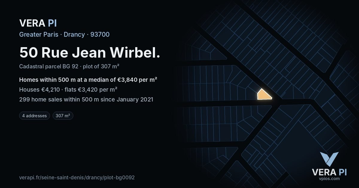 50 Rue Jean Wirbel, Drancy at night – the plot lit, the parcels around coloured by the prices near them