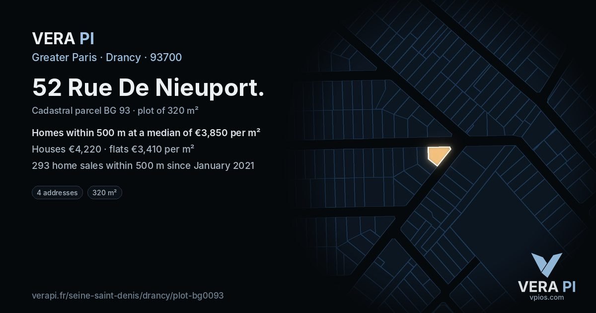 52 Rue De Nieuport, Drancy at night – the plot lit, the parcels around coloured by the prices near them