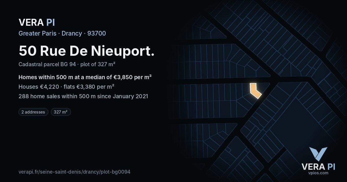 50 Rue De Nieuport, Drancy at night – the plot lit, the parcels around coloured by the prices near them