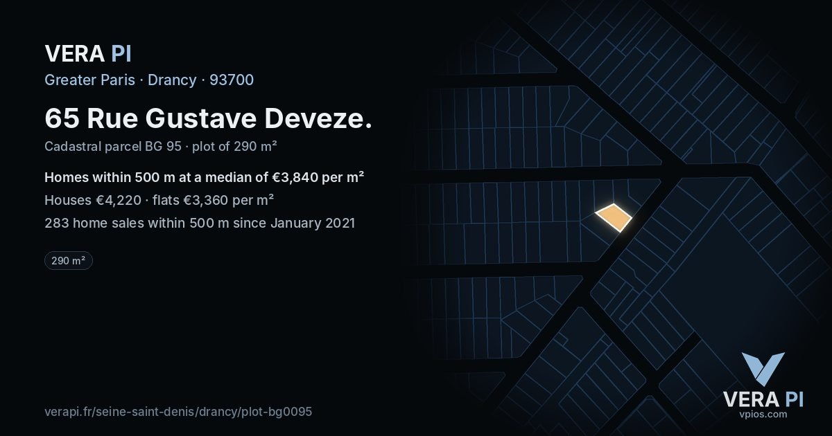 65 Rue Gustave Deveze, Drancy at night – the plot lit, the parcels around coloured by the prices near them