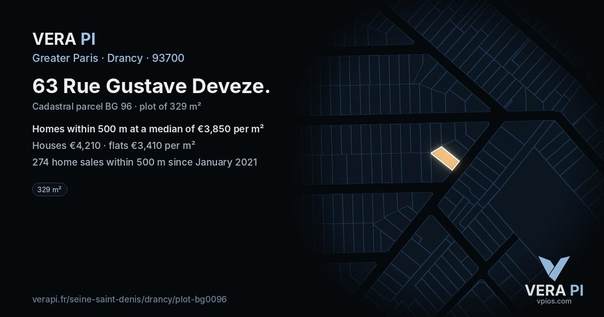 63 Rue Gustave Deveze, Drancy at night – the plot lit, the parcels around coloured by the prices near them