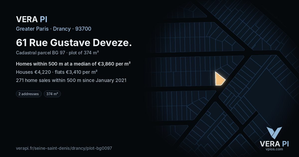 61 Rue Gustave Deveze, Drancy at night – the plot lit, the parcels around coloured by the prices near them