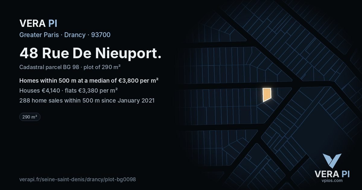 48 Rue De Nieuport, Drancy at night – the plot lit, the parcels around coloured by the prices near them