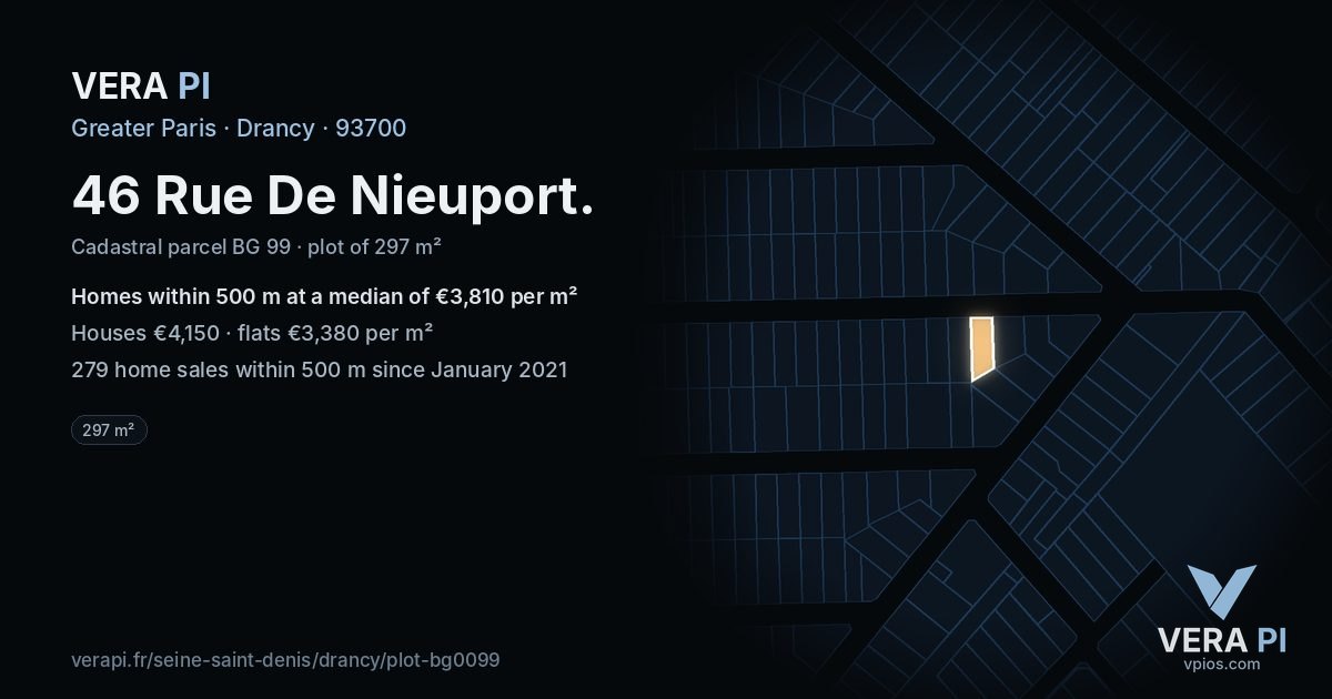 46 Rue De Nieuport, Drancy at night – the plot lit, the parcels around coloured by the prices near them