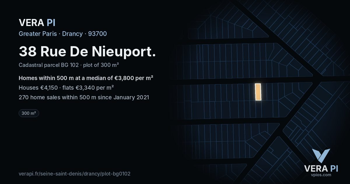 38 Rue De Nieuport, Drancy at night – the plot lit, the parcels around coloured by the prices near them