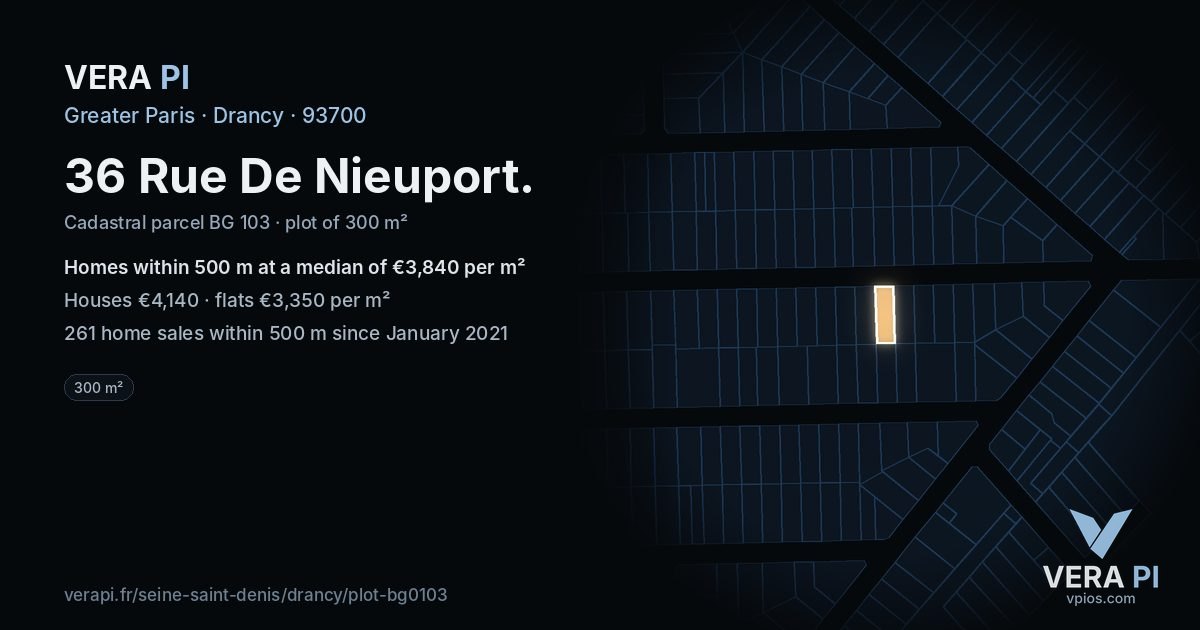 36 Rue De Nieuport, Drancy at night – the plot lit, the parcels around coloured by the prices near them