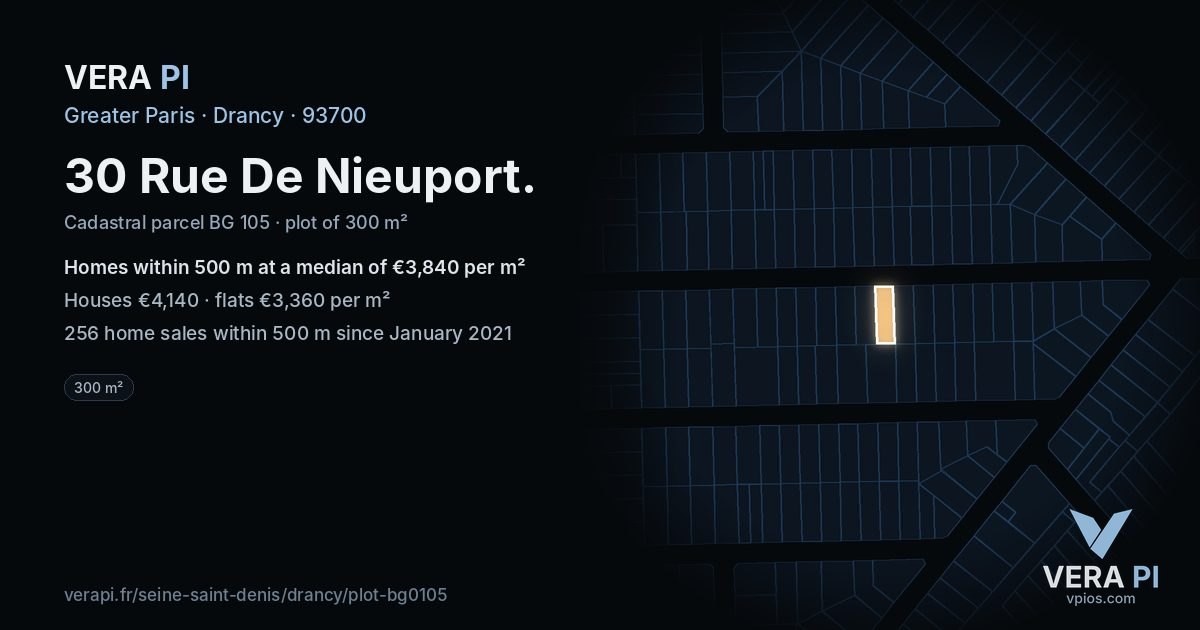 30 Rue De Nieuport, Drancy at night – the plot lit, the parcels around coloured by the prices near them