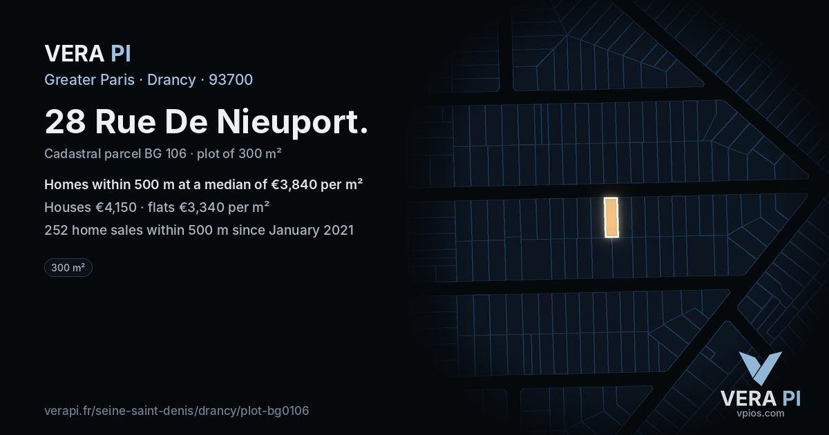 28 Rue De Nieuport, Drancy at night – the plot lit, the parcels around coloured by the prices near them