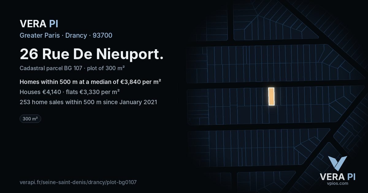 26 Rue De Nieuport, Drancy at night – the plot lit, the parcels around coloured by the prices near them