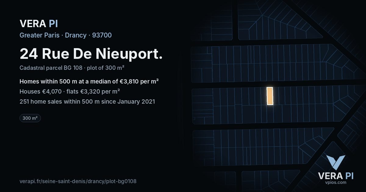 24 Rue De Nieuport, Drancy at night – the plot lit, the parcels around coloured by the prices near them