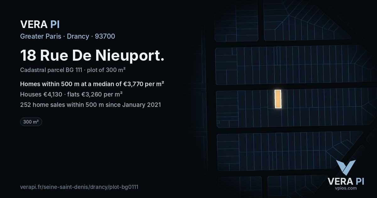 18 Rue De Nieuport, Drancy at night – the plot lit, the parcels around coloured by the prices near them