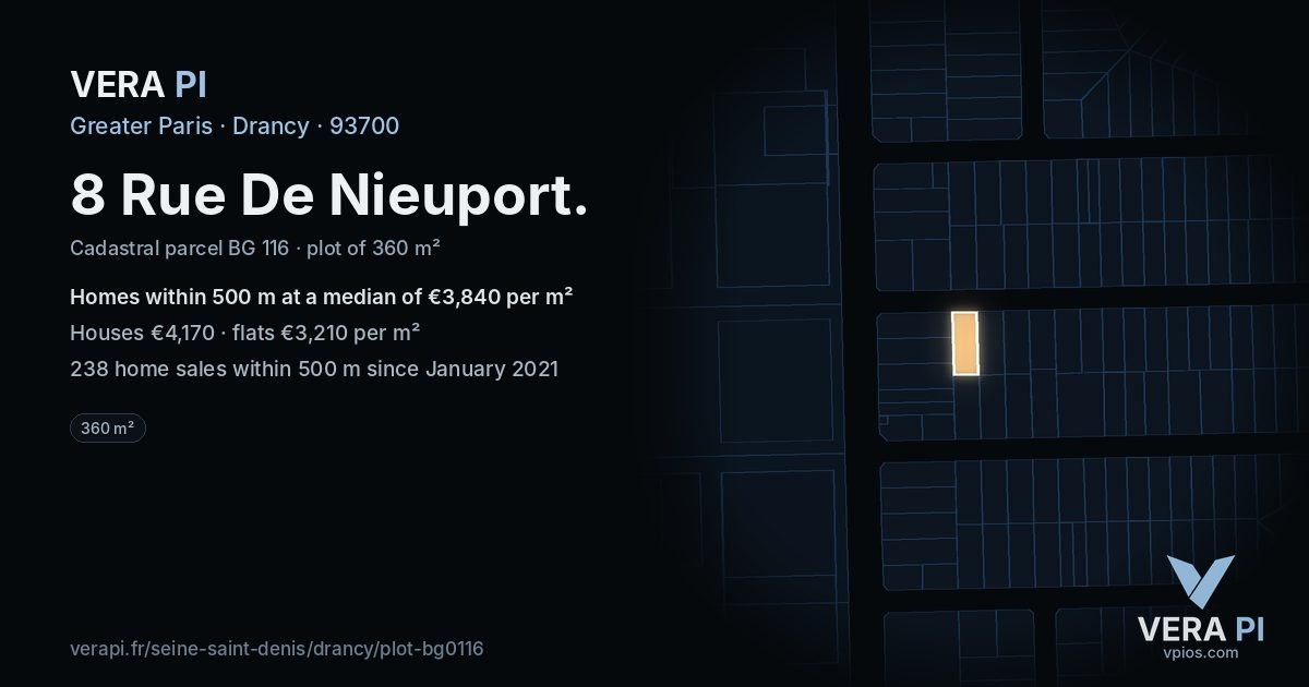 8 Rue De Nieuport, Drancy at night – the plot lit, the parcels around coloured by the prices near them