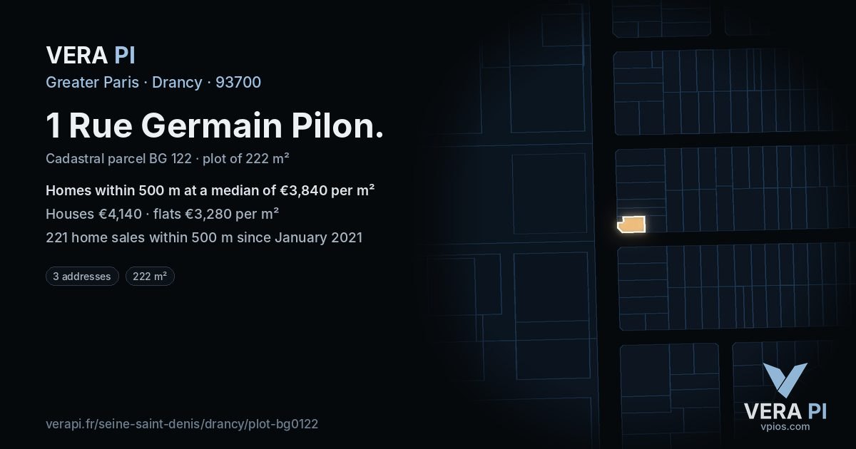 1 Rue Germain Pilon, Drancy at night – the plot lit, the parcels around coloured by the prices near them