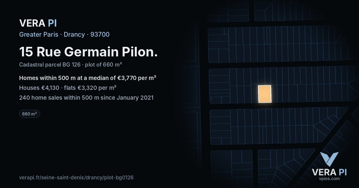 15 Rue Germain Pilon, Drancy at night – the plot lit, the parcels around coloured by the prices near them