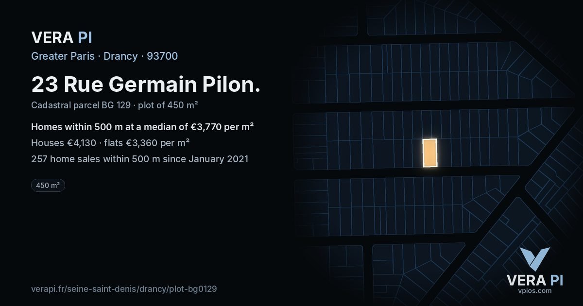 23 Rue Germain Pilon, Drancy at night – the plot lit, the parcels around coloured by the prices near them