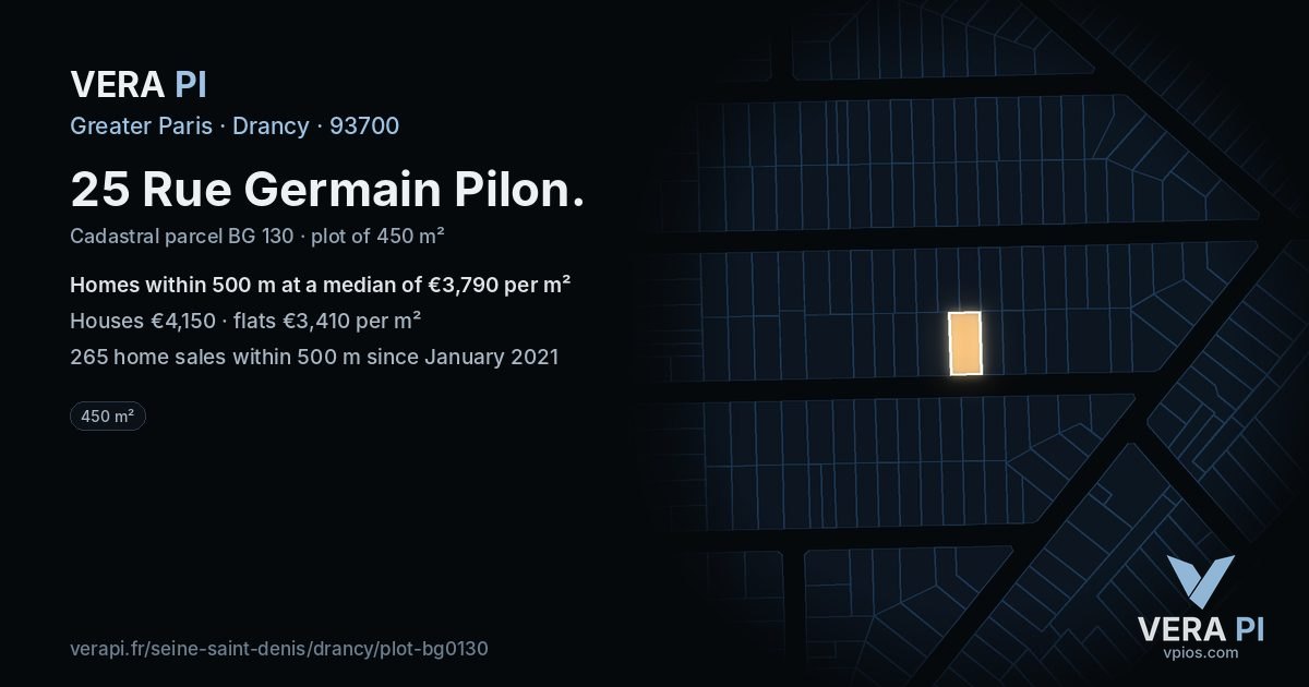 25 Rue Germain Pilon, Drancy at night – the plot lit, the parcels around coloured by the prices near them