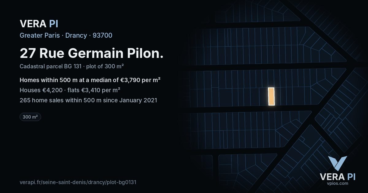 27 Rue Germain Pilon, Drancy at night – the plot lit, the parcels around coloured by the prices near them