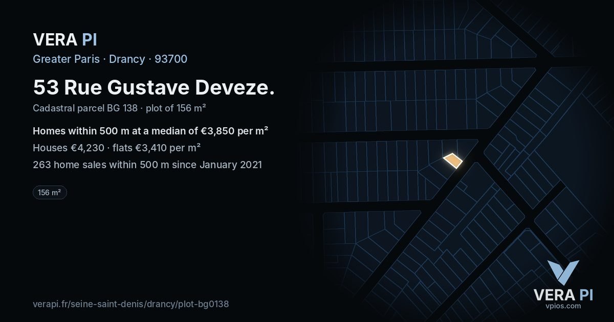 53 Rue Gustave Deveze, Drancy at night – the plot lit, the parcels around coloured by the prices near them