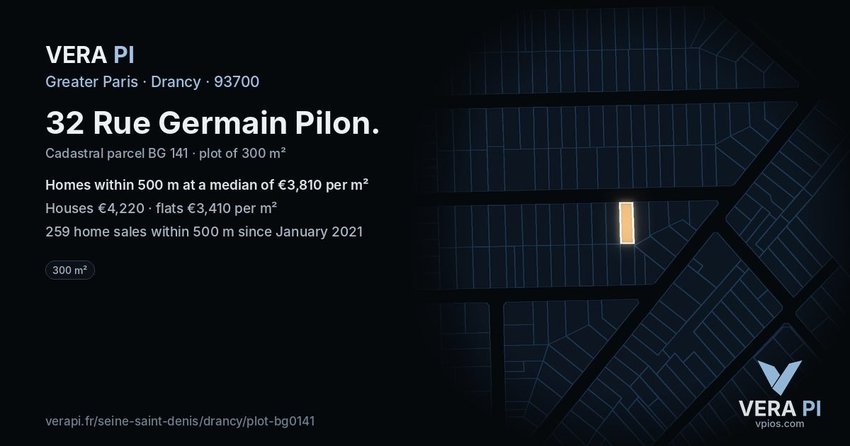 32 Rue Germain Pilon, Drancy at night – the plot lit, the parcels around coloured by the prices near them