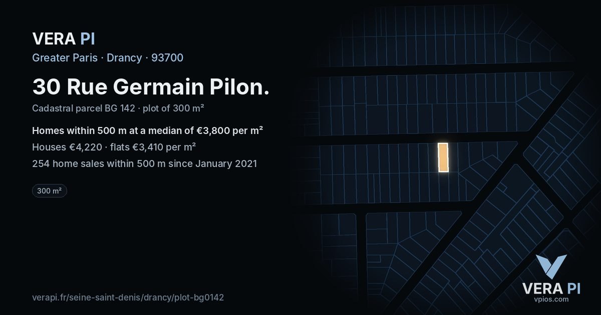 30 Rue Germain Pilon, Drancy at night – the plot lit, the parcels around coloured by the prices near them