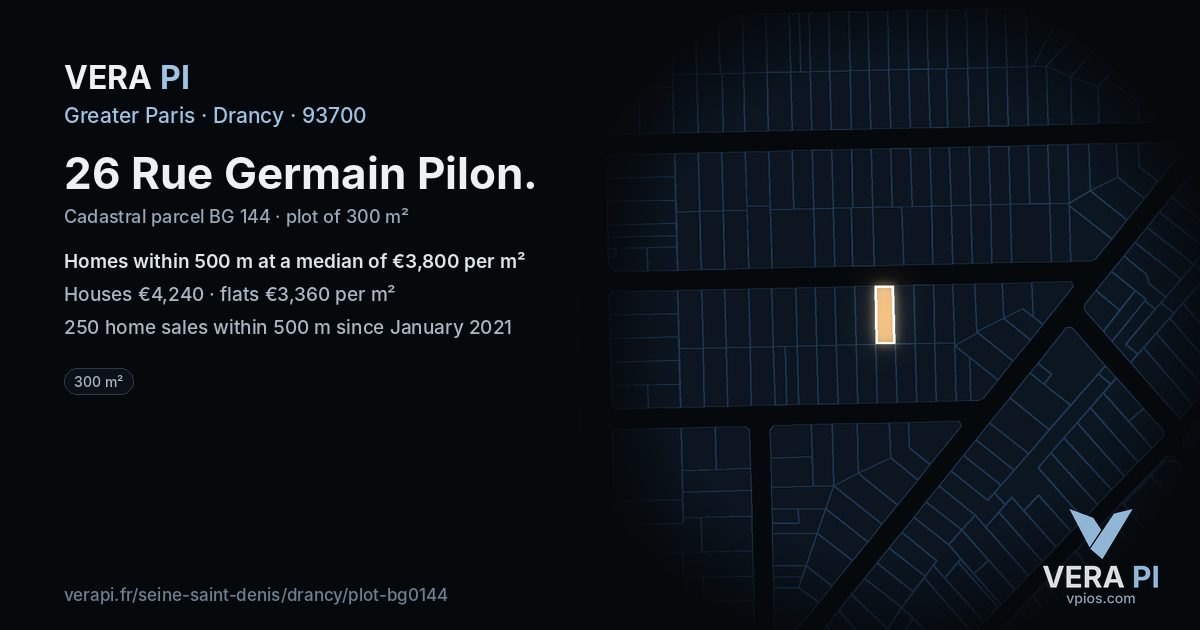 26 Rue Germain Pilon, Drancy at night – the plot lit, the parcels around coloured by the prices near them