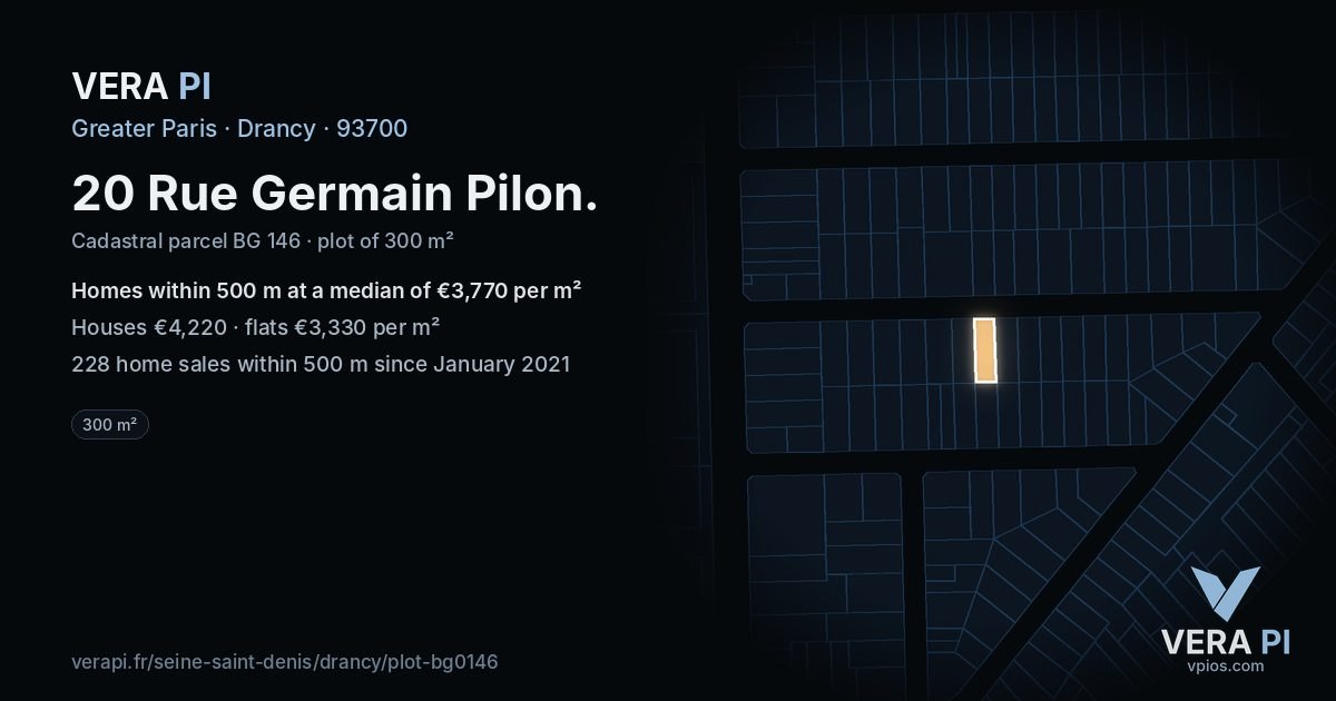 20 Rue Germain Pilon, Drancy at night – the plot lit, the parcels around coloured by the prices near them